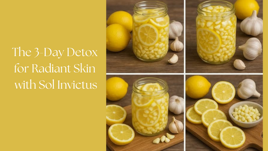 Jar of garlic and lemon detox mixture with fresh garlic cloves and sliced lemons on wooden board – natural cleanse for skin and well-being