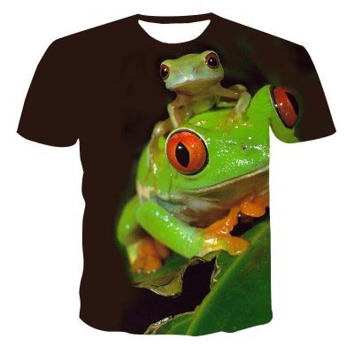 Black t-shirt with a green frog graphic on a white background