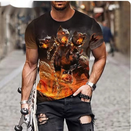 Man wearing a black t-shirt with a dragon graphic on a city street.