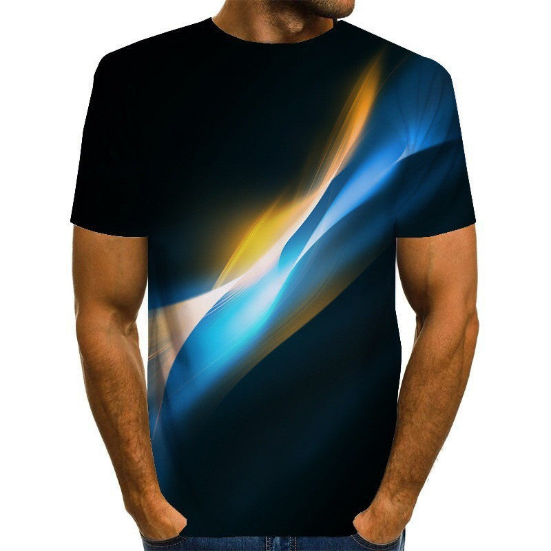 Black t-shirt with blue and yellow abstract design worn by a person