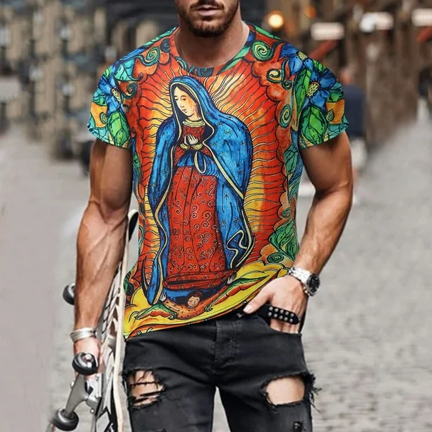 Man wearing a colorful t-shirt with a graphic design of a religious figure.