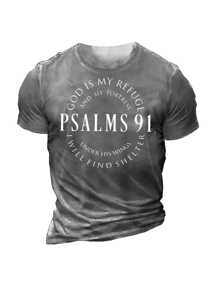 Gray t-shirt with 'Psalms 91' text design on a white background