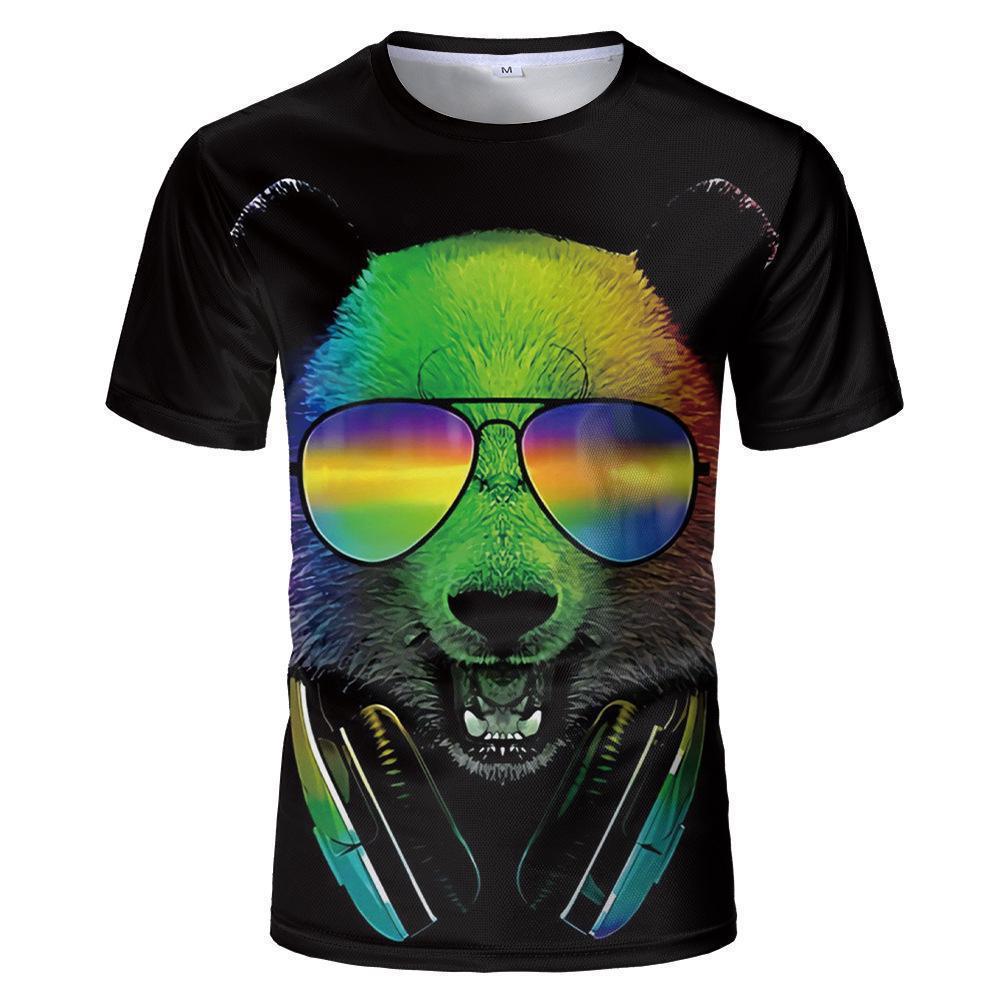 Black t-shirt with a colorful bear design wearing sunglasses and headphones on a white background