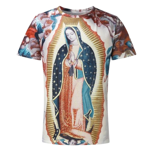 T-shirt with a graphic of Our Lady of Guadalupe on a white background
