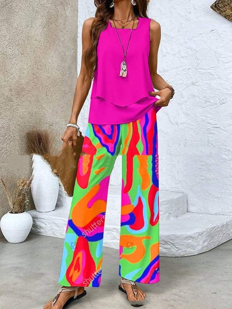 Pants Suits Printed Sleeveless Straight Clothing Sleeveless Tracksuits