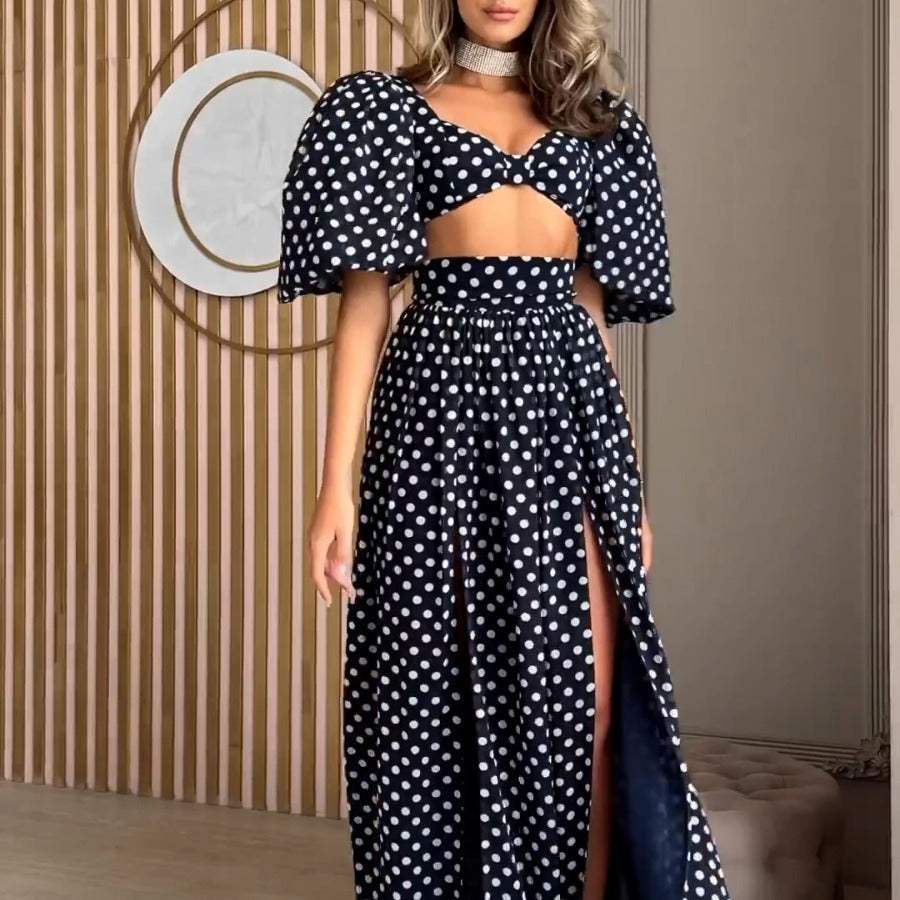 Woman Summer Dress Elegant Square-neck Puff Sleeve Polka Dot Printed