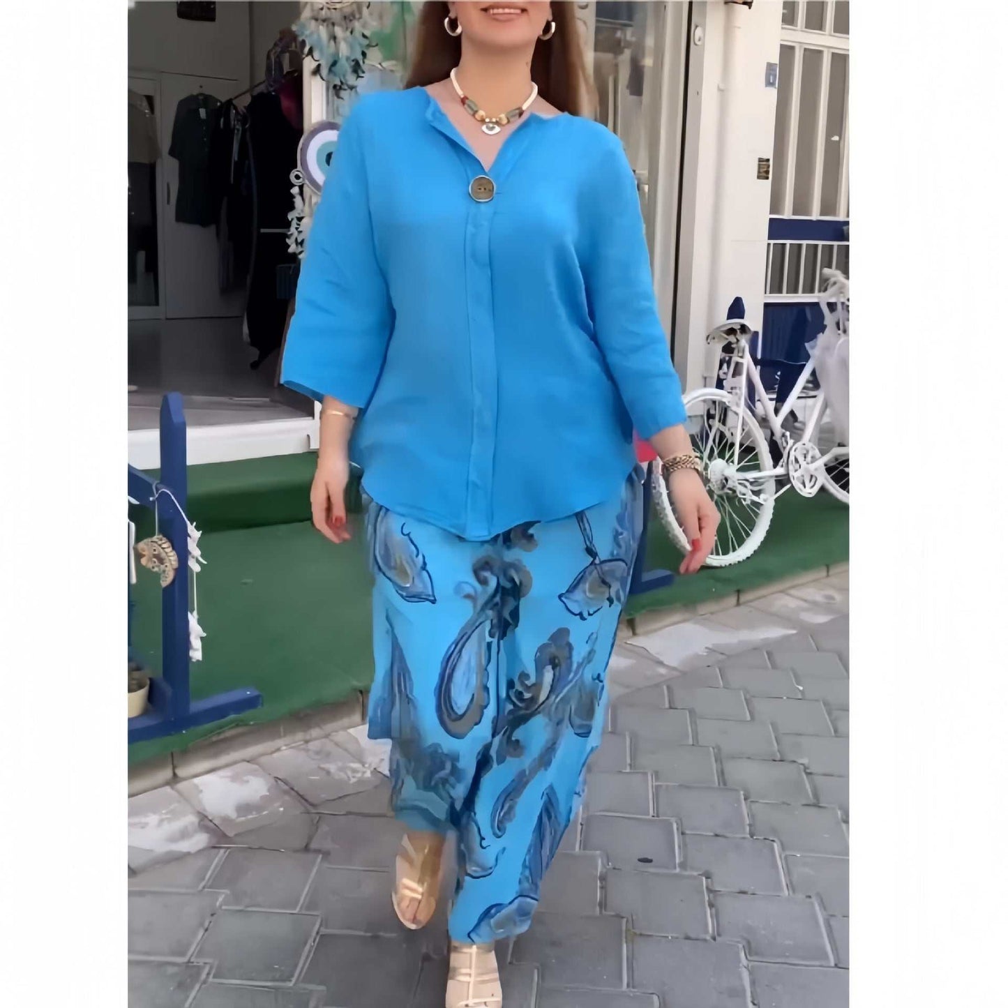 Ladies Summer Pants Suit Cotton And Linen Long-sleeved Casual Two Set