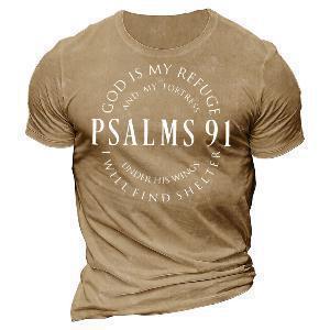 Beige t-shirt with 'God is my refuge' text in Psalms 91 on a beige background