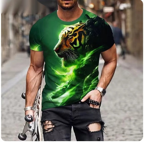 Person wearing a green t-shirt with a tiger design on a blurred street background