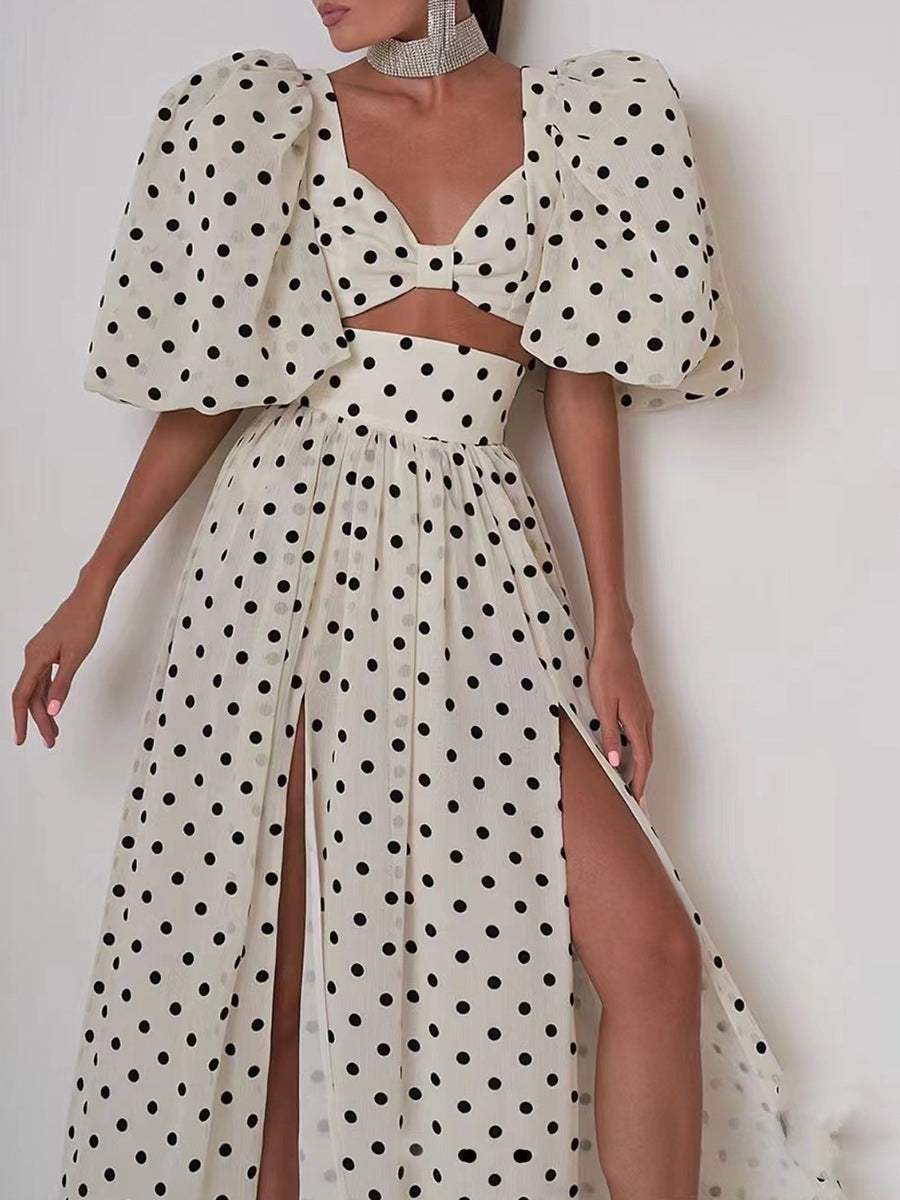 Woman Summer Dress Elegant Square-neck Puff Sleeve Polka Dot Printed