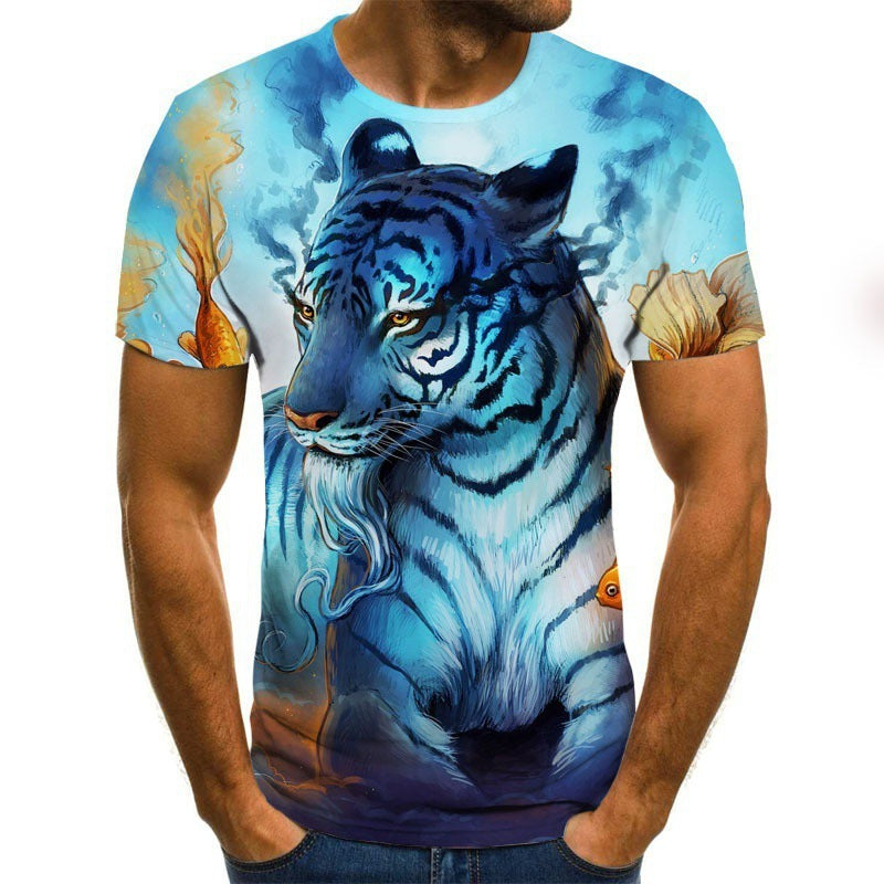 T-shirt with a blue tiger design on a white background