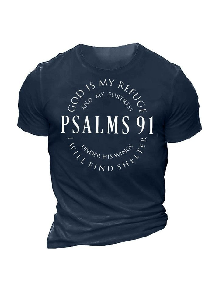 Navy blue t-shirt with white text featuring a religious quote on a white background