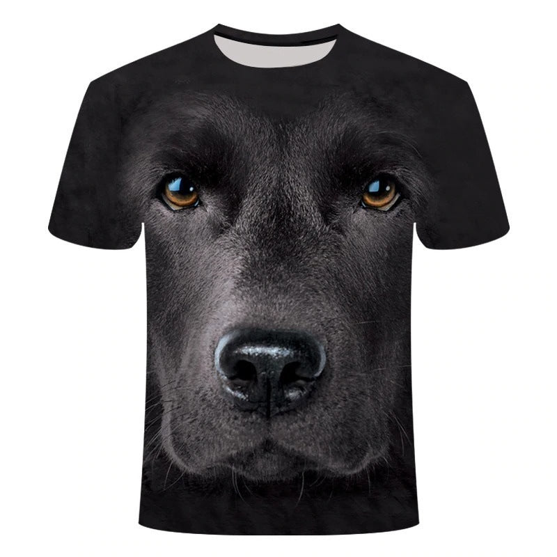 Black t-shirt with a dog's face print on a white background