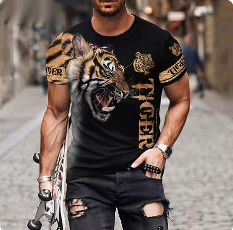 Man wearing a black t-shirt with a tiger design and 'Tiger' text, standing on a street.