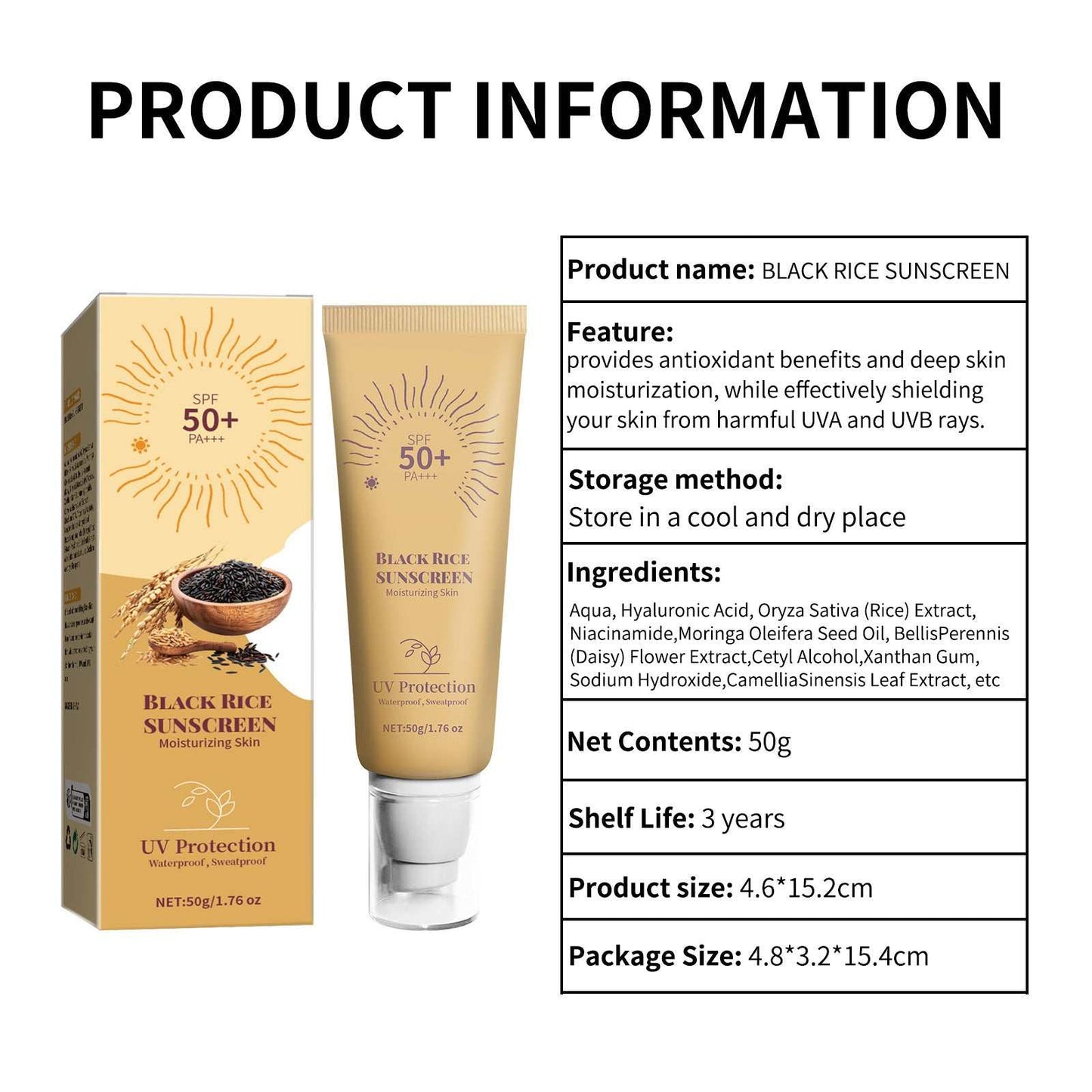 Sunscreen cream Black Rice SPF50 Face Reef Safe Formula Moisturizing
