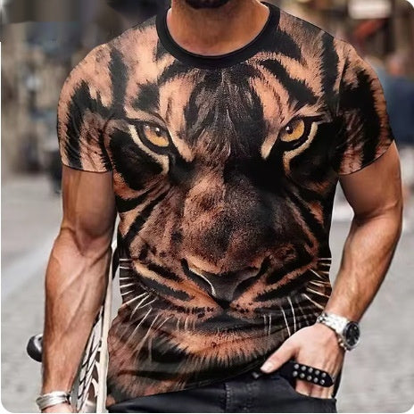 Person wearing a t-shirt with a tiger design on a blurred street background