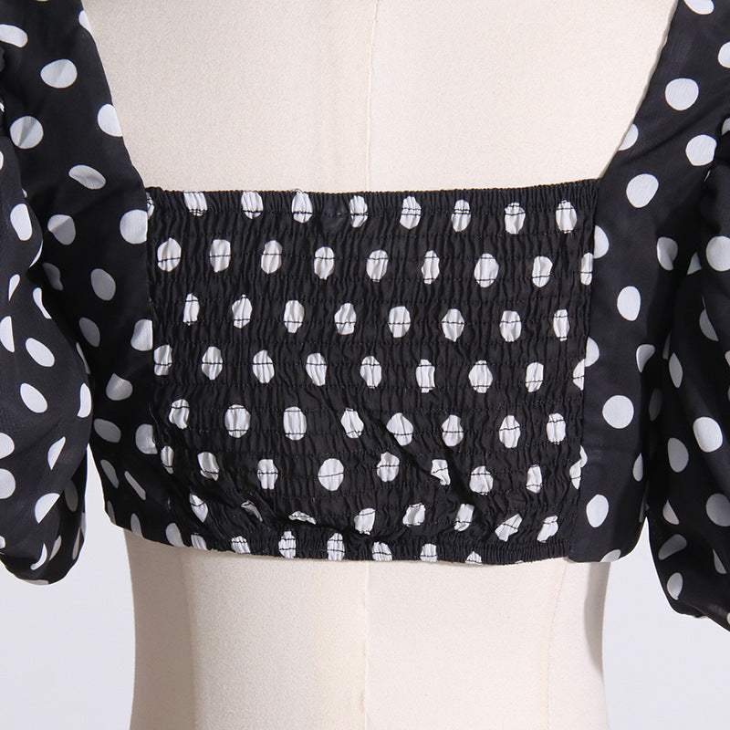 Woman Summer Dress Elegant Square-neck Puff Sleeve Polka Dot Printed