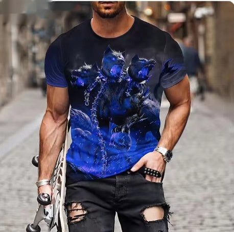 Man wearing a black t-shirt with a blue graphic design on a blurred street background