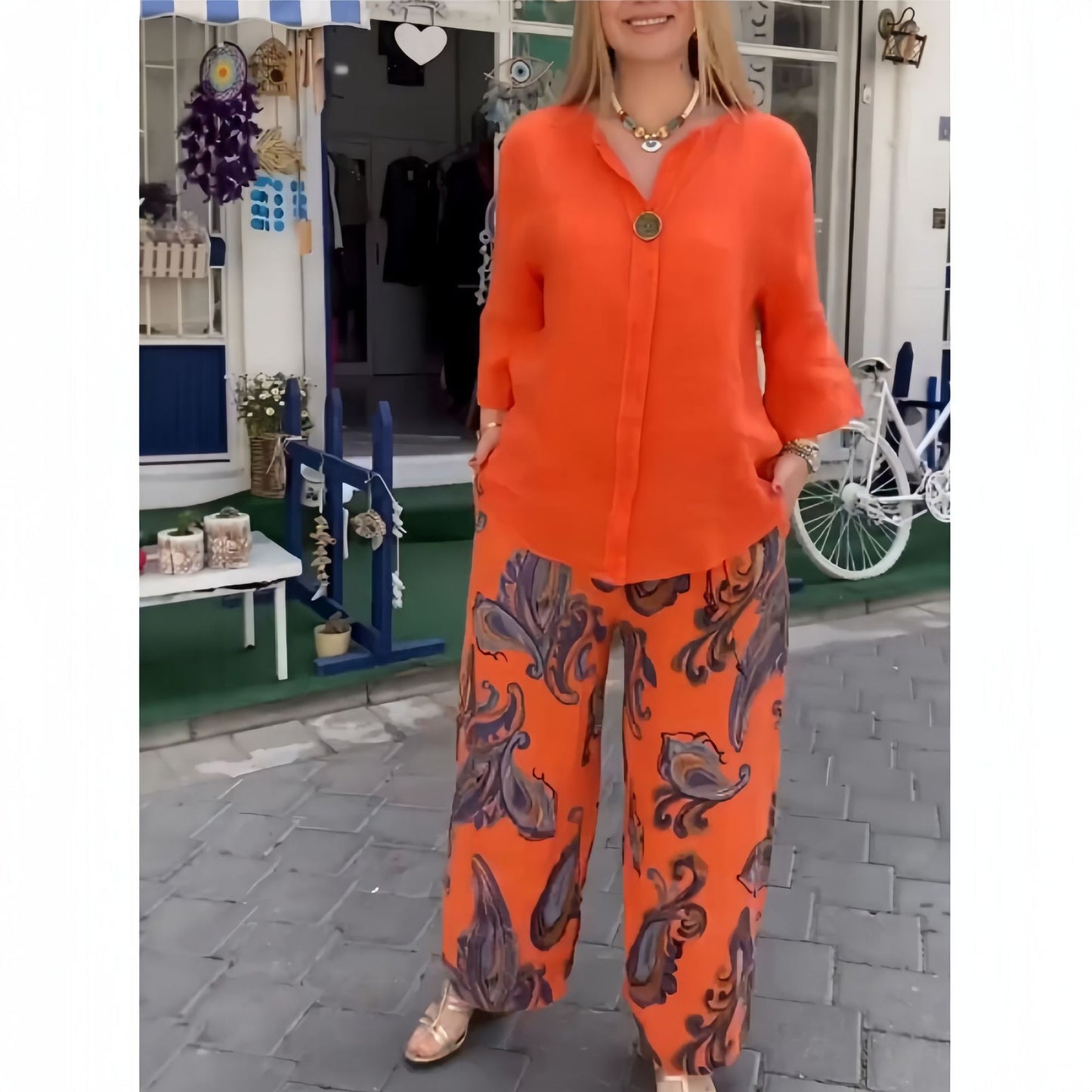 Ladies Summer Pants Suit Cotton And Linen Long-sleeved Casual Two Set