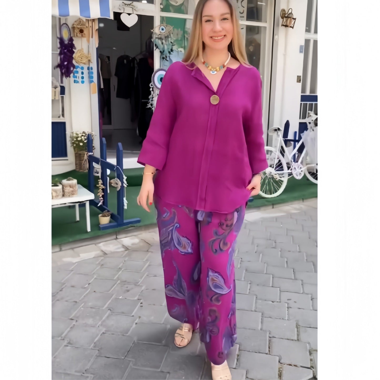 Ladies Summer Pants Suit Cotton And Linen Long-sleeved Casual Two Set