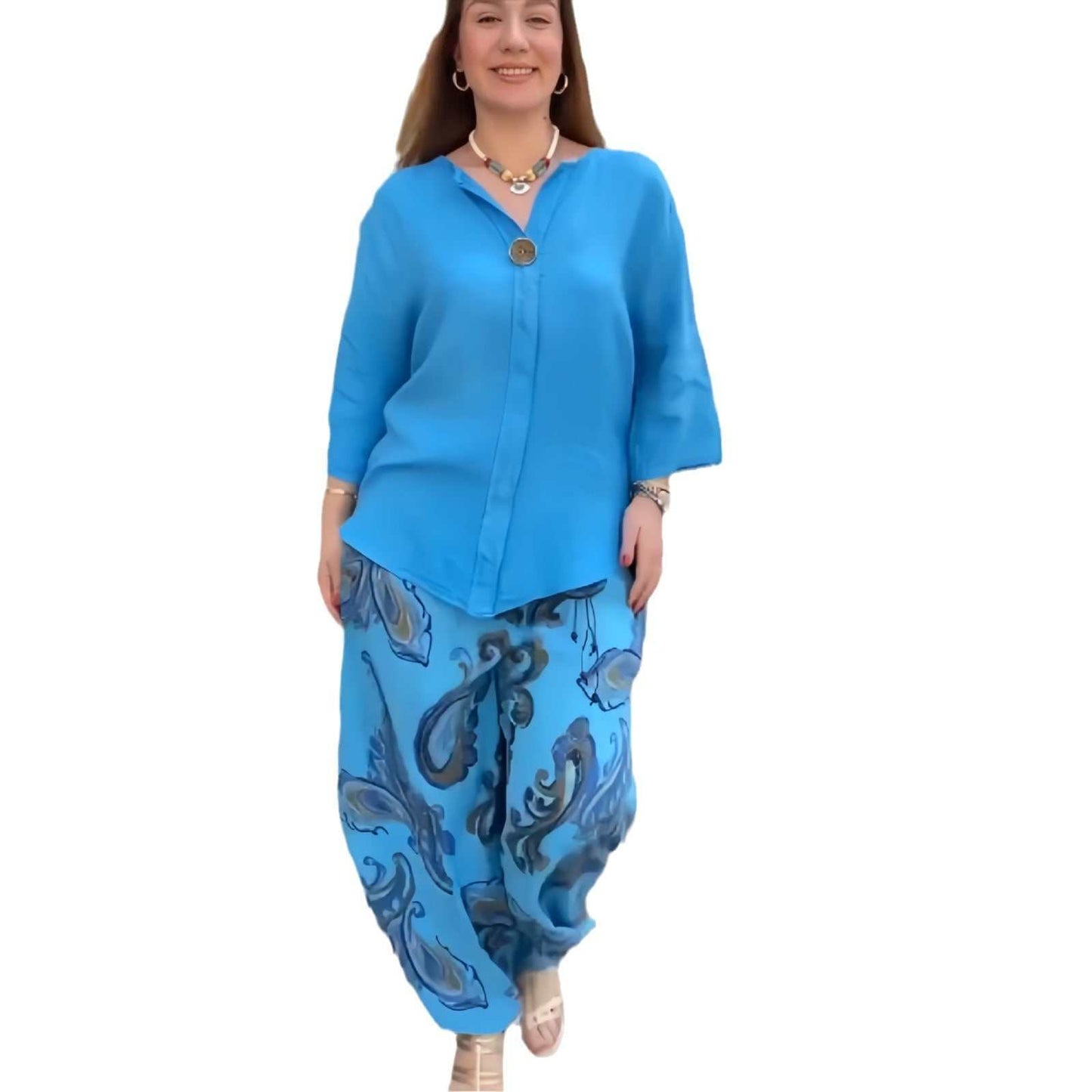 Ladies Summer Pants Suit Cotton And Linen Long-sleeved Casual Two Set