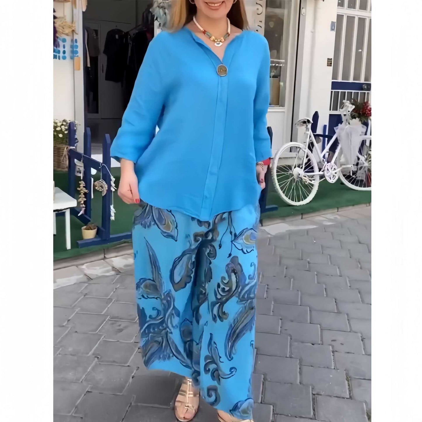 Ladies Summer Pants Suit Cotton And Linen Long-sleeved Casual Two Set