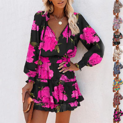 Women Floral Dress Pink Long Sleeve Puff Sleeve Waist Womens Clothing