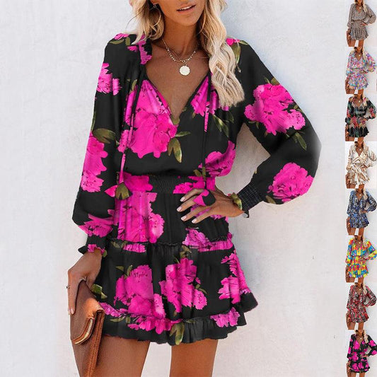 Women Floral Dress Pink Long Sleeve Puff Sleeve Waist Womens Clothing