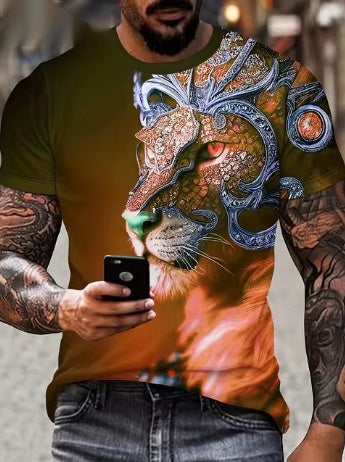 Person wearing a t-shirt with a colorful dragon design, holding a phone.