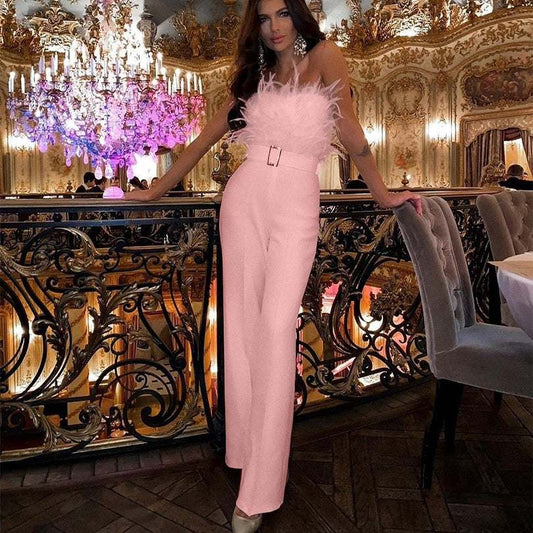 Woman Jumpsuit Elegant Jumpsuit Feather High Waist Long Jumpsuit Elegant Dressy One Piece Bodysuit Romper Party Clubwear
