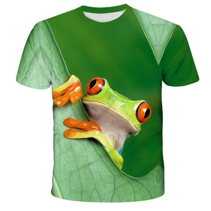 Green t-shirt with a frog graphic on a white background