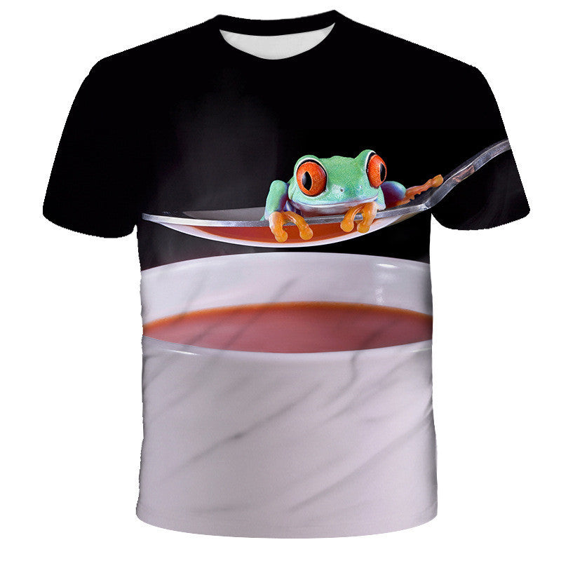Black t-shirt with a colorful frog design on a white background