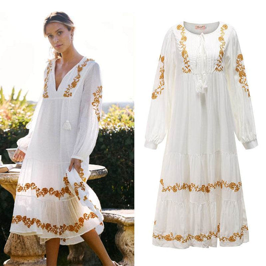 Woman Summer Dress V-Neck Bohemian White Floral Lantern Sleeve