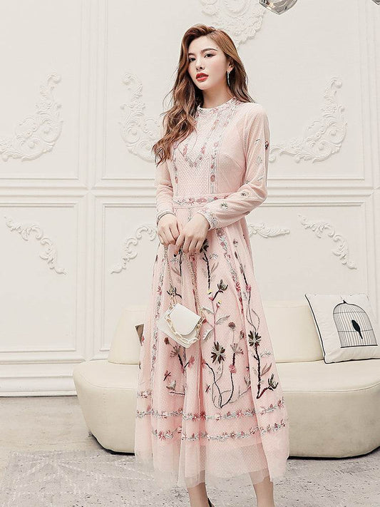 Woman Elegant Dress Temperament Skirt Heavy Embroidered Flovers Rose