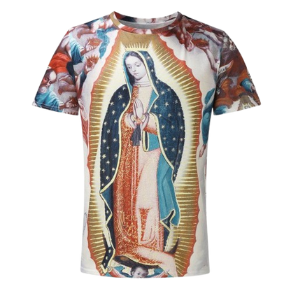 T-shirt with a graphic of Our Lady of Guadalupe on a white background
