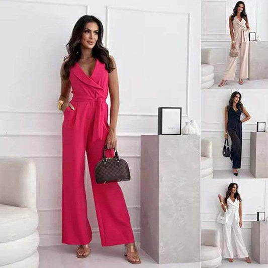 Woman Jumpsuit V-Neck Sleeveless Jumpsuit Belt Design Summer Trousers
