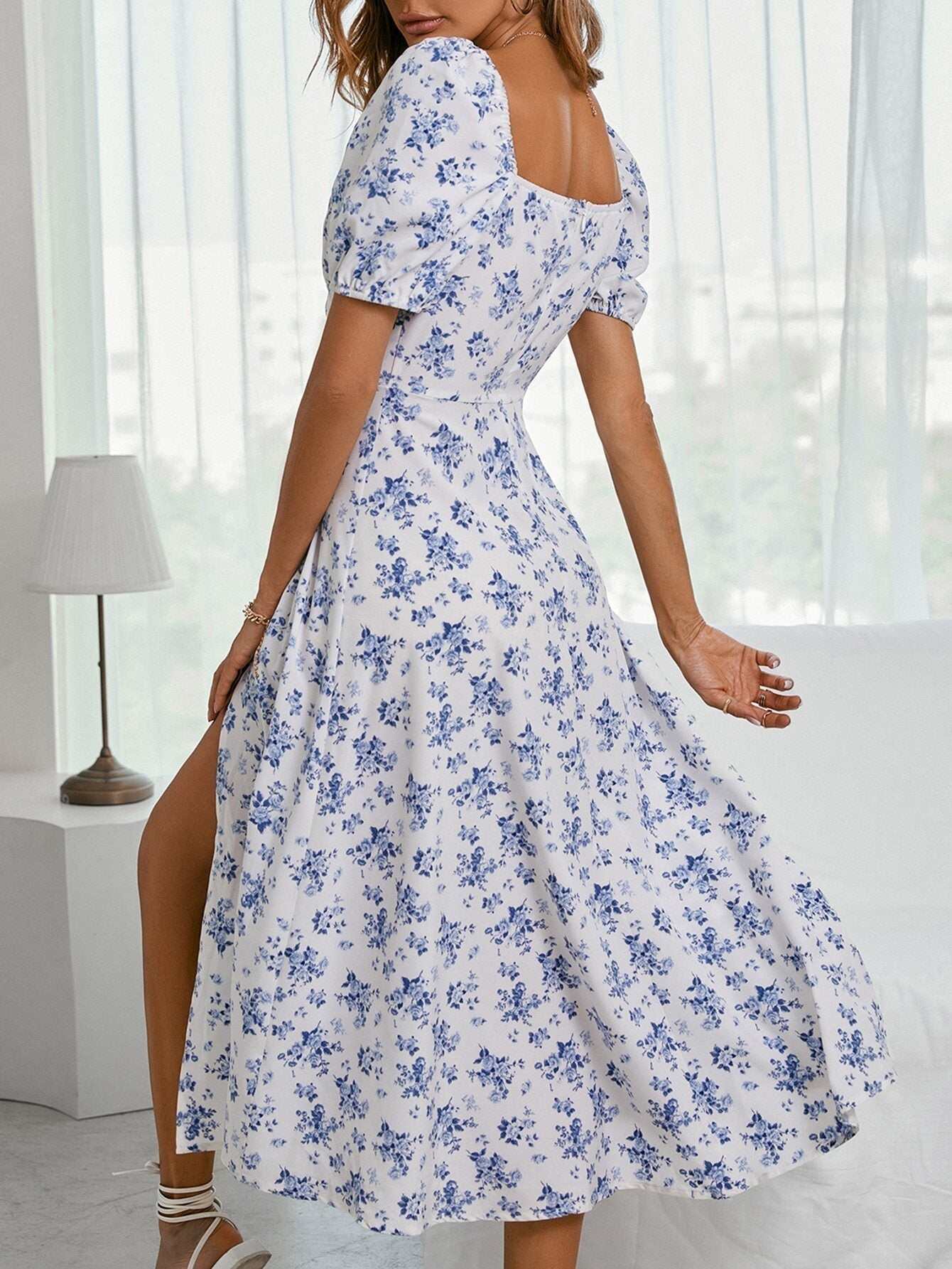 Woman Summer Dress Square-neck Chest Drawstring Split Floraleal Design