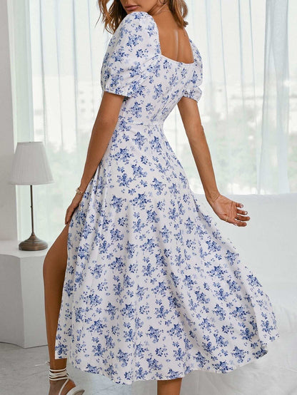 Woman Summer Dress Square-neck Chest Drawstring Split Floraleal Design