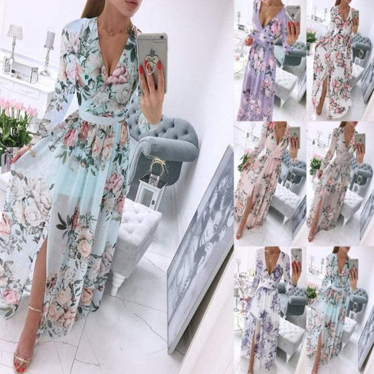 Woman Summer Dress, Long Sleeve Chiffon Printed Bohemian Dress Women