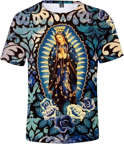 T-shirt with a religious icon design featuring a figure and floral elements on a blue and black background.