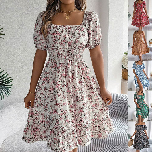 Woman Summer Dress Floral Print Square Collar Fashion Ruffles Dresses