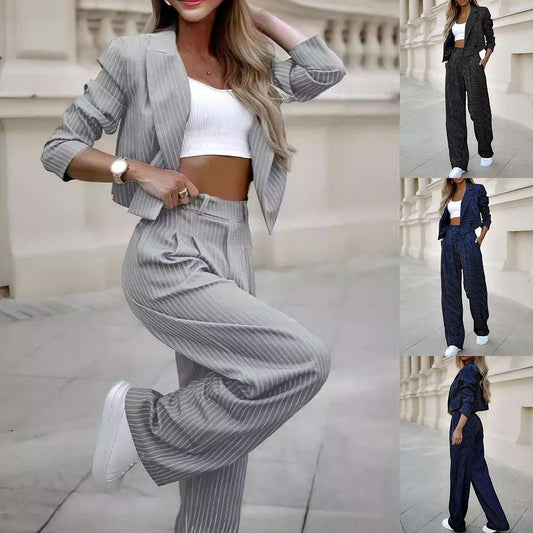 Woman Pants Suit Striped Lapel Long Sleeve Cropped Top Straight Pants 