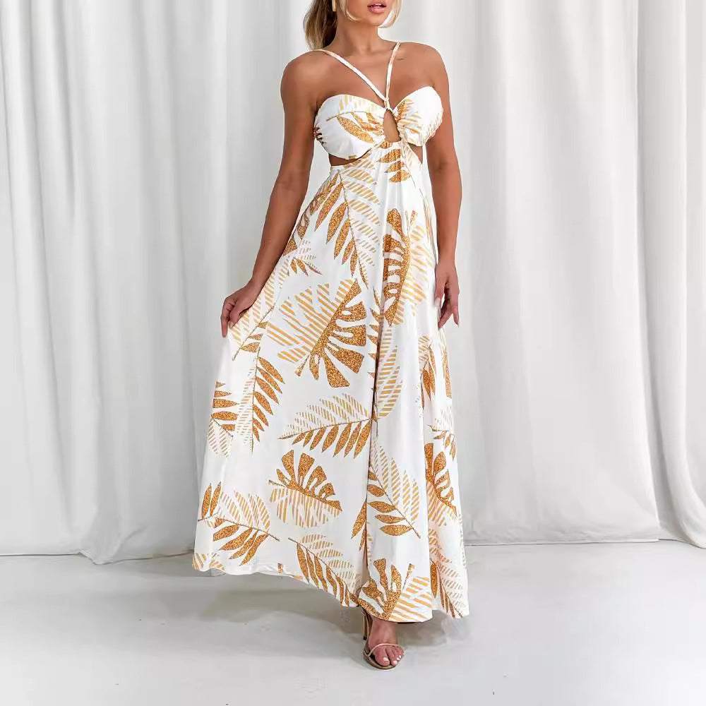 Woman Summer Dress Fashion Printed Dress  Woman Gold Leaves Long Skirt
