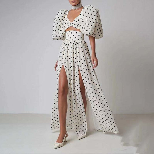 Woman Summer Dress Elegant Square-neck Puff Sleeve Polka Dot Printed
