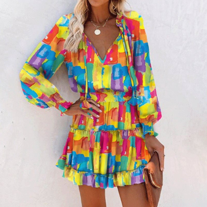 Women Floral Dress Pink Long Sleeve Puff Sleeve Waist Womens Clothing