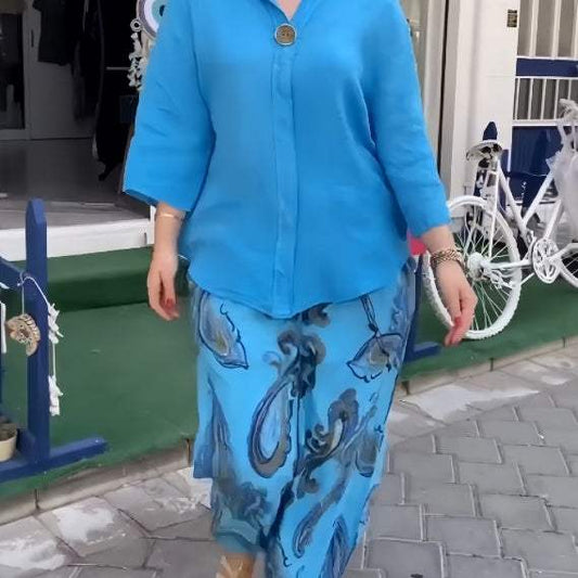 Ladies Summer Pants Suit Cotton And Linen Long-sleeved Casual Two Set