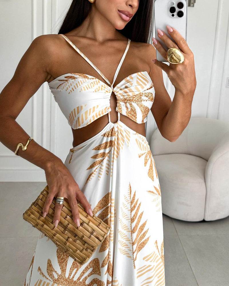Woman Summer Dress Fashion Printed Dress  Woman Gold Leaves Long Skirt