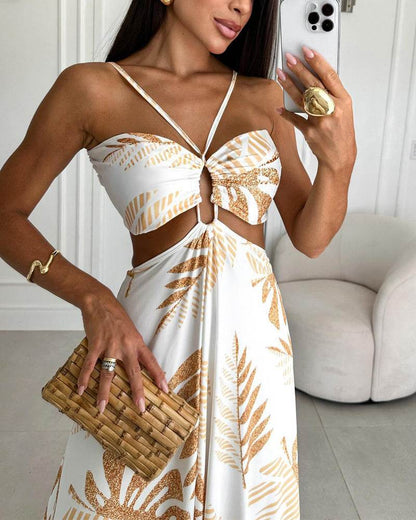 Woman Summer Dress Fashion Printed Dress  Woman Gold Leaves Long Skirt