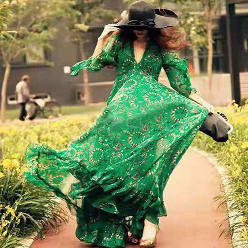 Woman Dress Summer Green Floral, Ruffle Chiffon Spring Bohemian V Neck