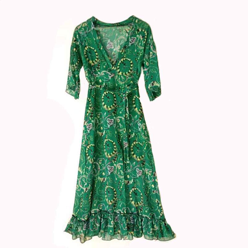 Woman Dress Summer Green Floral, Ruffle Chiffon Spring Bohemian V Neck